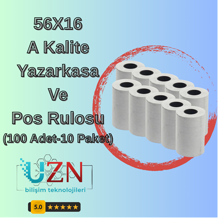56x16 Yazar Kasa POS Rulosu - Yazıcı Dostu 1. Kalite Termal Kağıt (100 Adet-10 Paket)