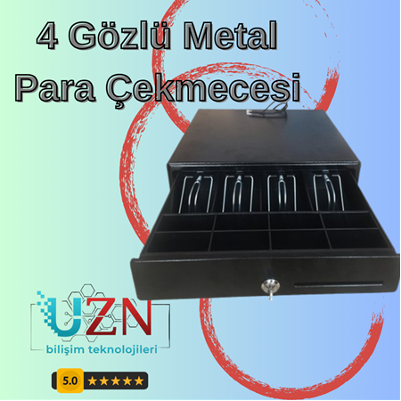 4 Gözlü Metal Para Çekmecesi - Dar Alanlar İçin Kompakt Market Kasası (Metal Mandallı)
