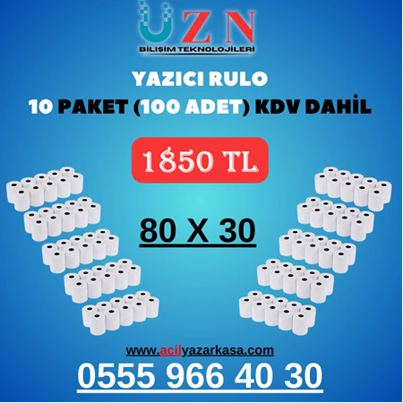 80x30 Sipariş Yazıcı Rulosu(100 adet) 1.kalite yazı